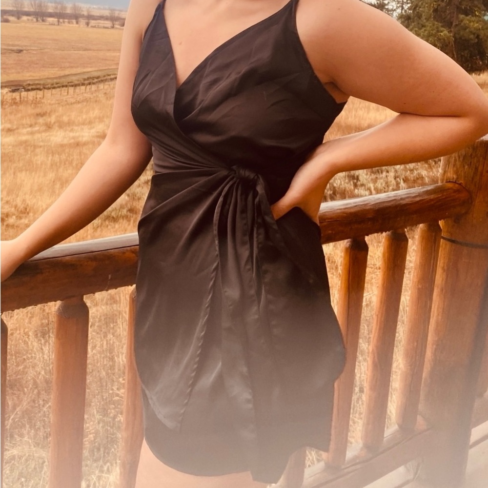 Nastygal Black Satin Wrap Dress